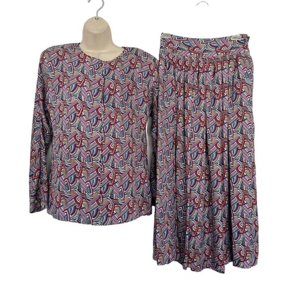Vintage 90s TAHARI Woman's Sz 2 100% Silk Blouse & Skirt Set Pink Blue Geometric - Picture 1 of 14